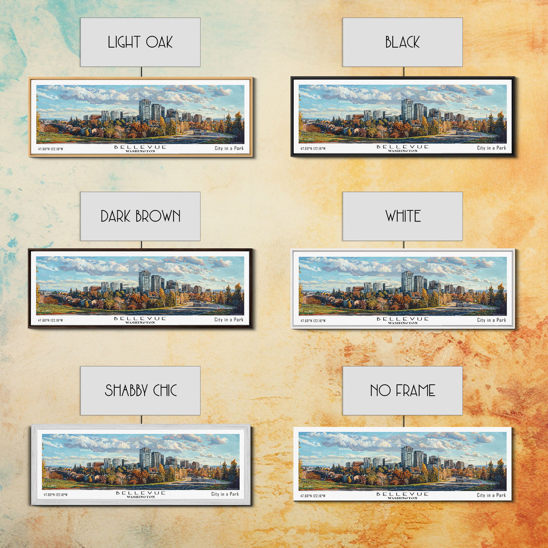 Bellevue Washington Panoramic Painting, Watercolor Framed Canvas Print, Scenic City Art, Travel Poster, Home Decor, Wall Art, Office Wall Art