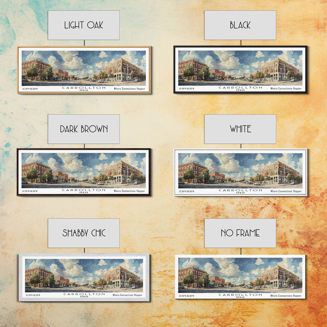Carrolton Texas Panoramic Watercolor Painting Framed Canvas Print, Travel Poster Art, Home Decor, Vibrant Texas Cityscape, Living Room Wall Art, Office Decoration, Gift for Texans