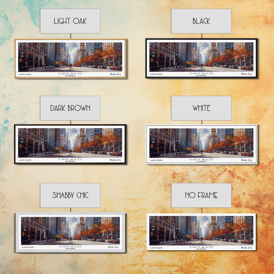 Chicago Illinois Panoramic Watercolor Painting Framed Canvas Print, Travel Poster Art, Urban Cityscape, Home Decor, Living Room Wall Art, Office Decoration, Gift for Chicago Lovers