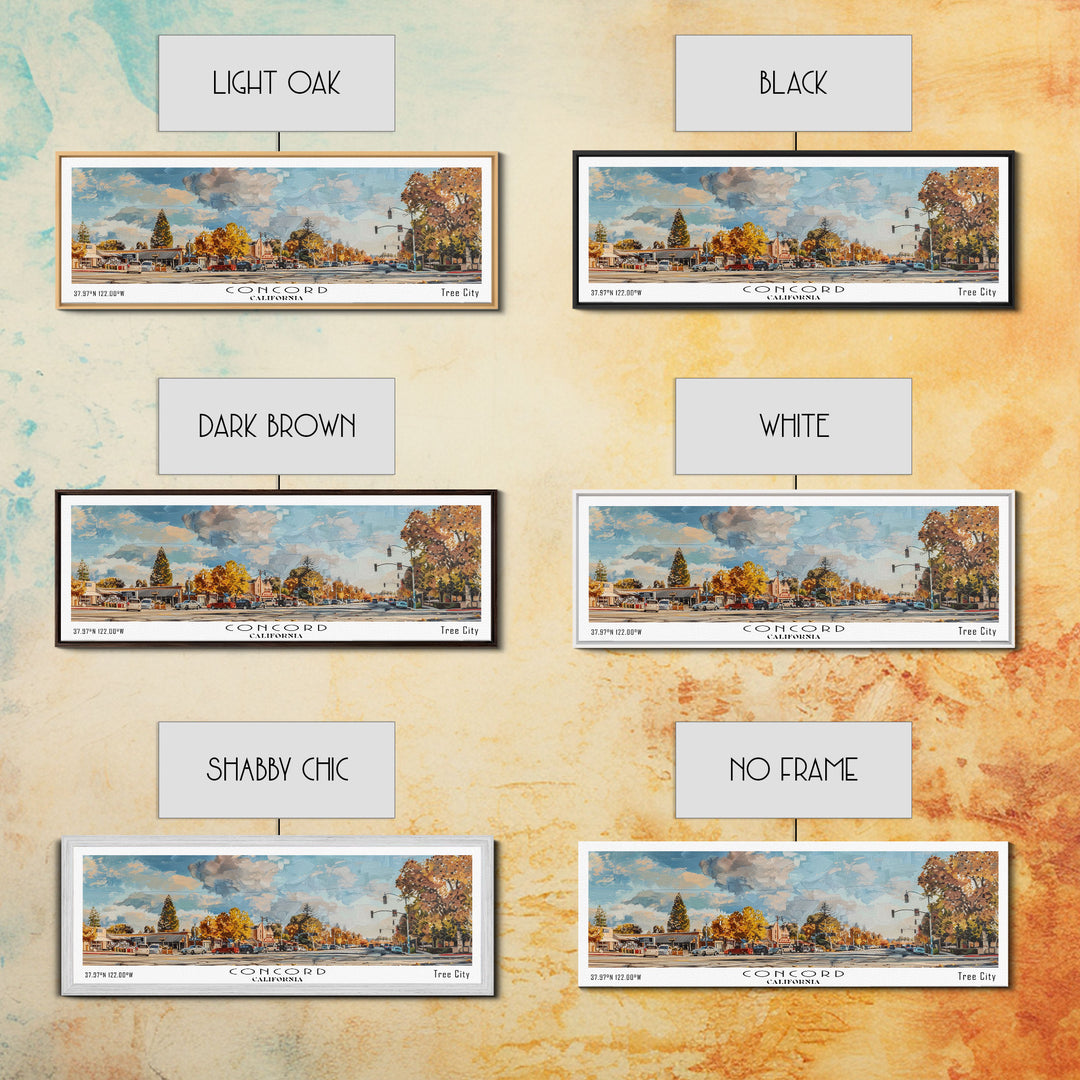 Concord California Panoramic Watercolor Painting Framed Canvas Print, Travel Poster Art, Urban Landscape, Bedroom Wall Art, Living Room Decoration, Office Wall Art, California-Themed Gift