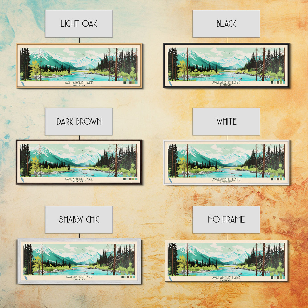 Avalanche Lake Montana Framed Canvas Print, Panoramic Wall Art, Midcentury Modern, Pop Art, Travel Poster, Scenic Living Room Art