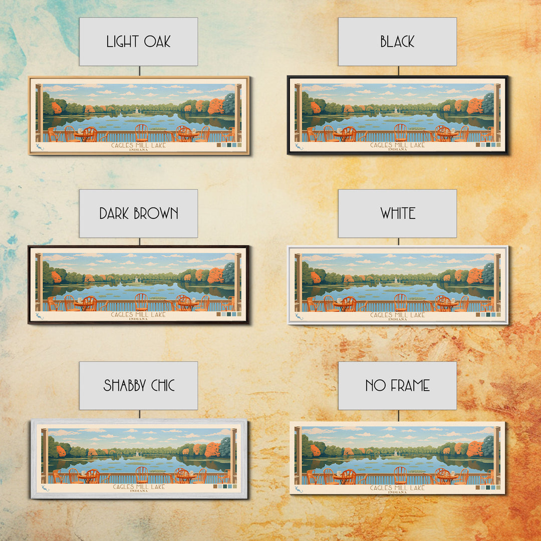 Cagles Mill Lake Indiana Framed Canvas Print, Midcentury Modern Panoramic Wall Art, Living Room Decor, Pop Art, Travel Poster Art, Scenic Nature Painting