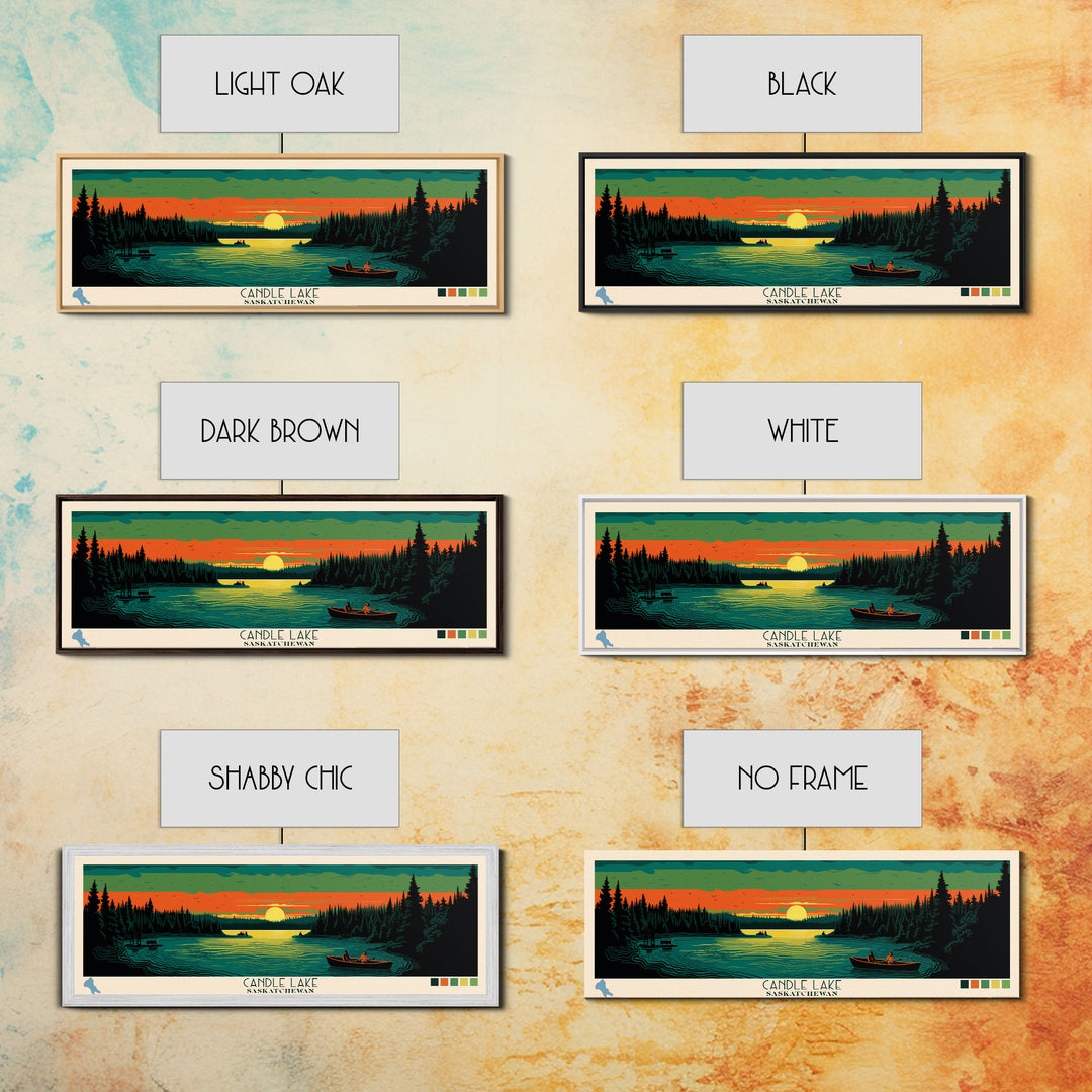 Candle Lake Saskatchewan Framed Canvas Print, Midcentury Modern Panoramic Wall Art, Living Room Decor, Pop Art, Travel Poster Art, Scenic Nature Painting
