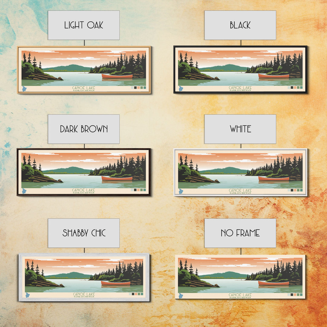 Canoe Lake Saskatchewan Framed Canvas Print, Midcentury Modern Panoramic Wall Art, Living Room Decor, Pop Art, Travel Poster Art, Scenic Nature Painting