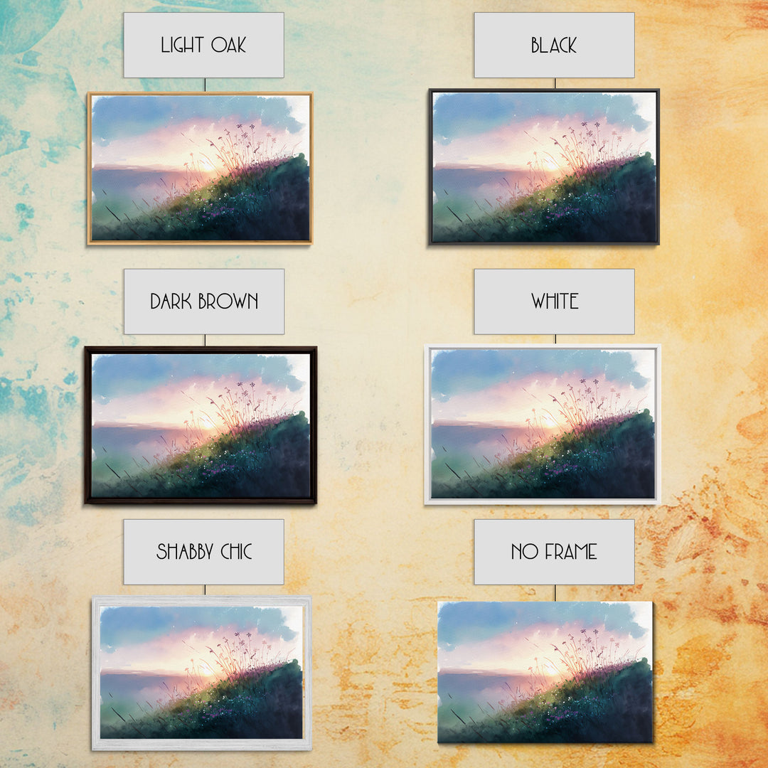 Serene Sunset, Watercolor Landscape Art, Framed Canvas Print, colorful wall art, above couch living room art