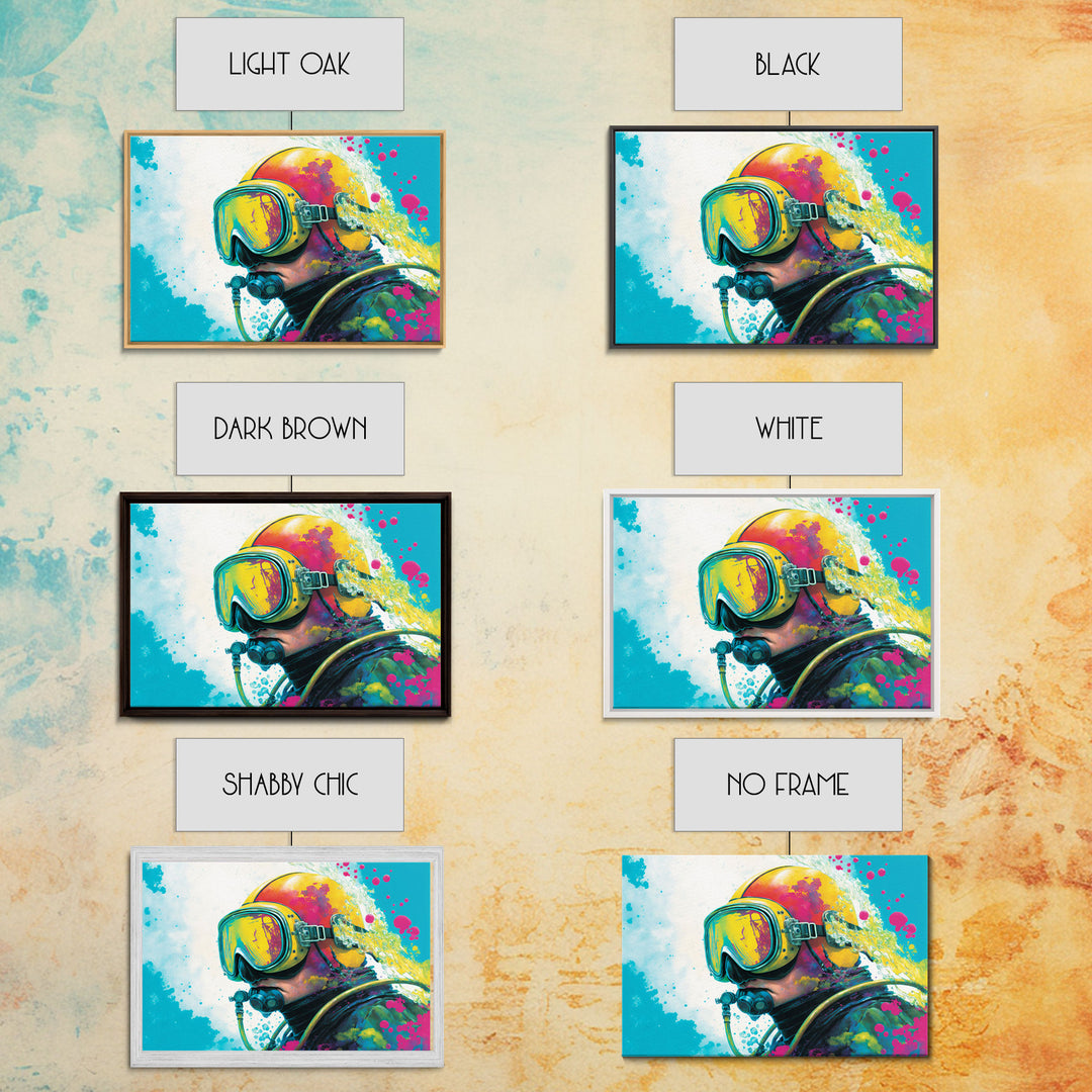 Graffiti Pop Art Scuba Diver, Framed Canvas Print, Scuba Painting, Retro Under Water Punk Art