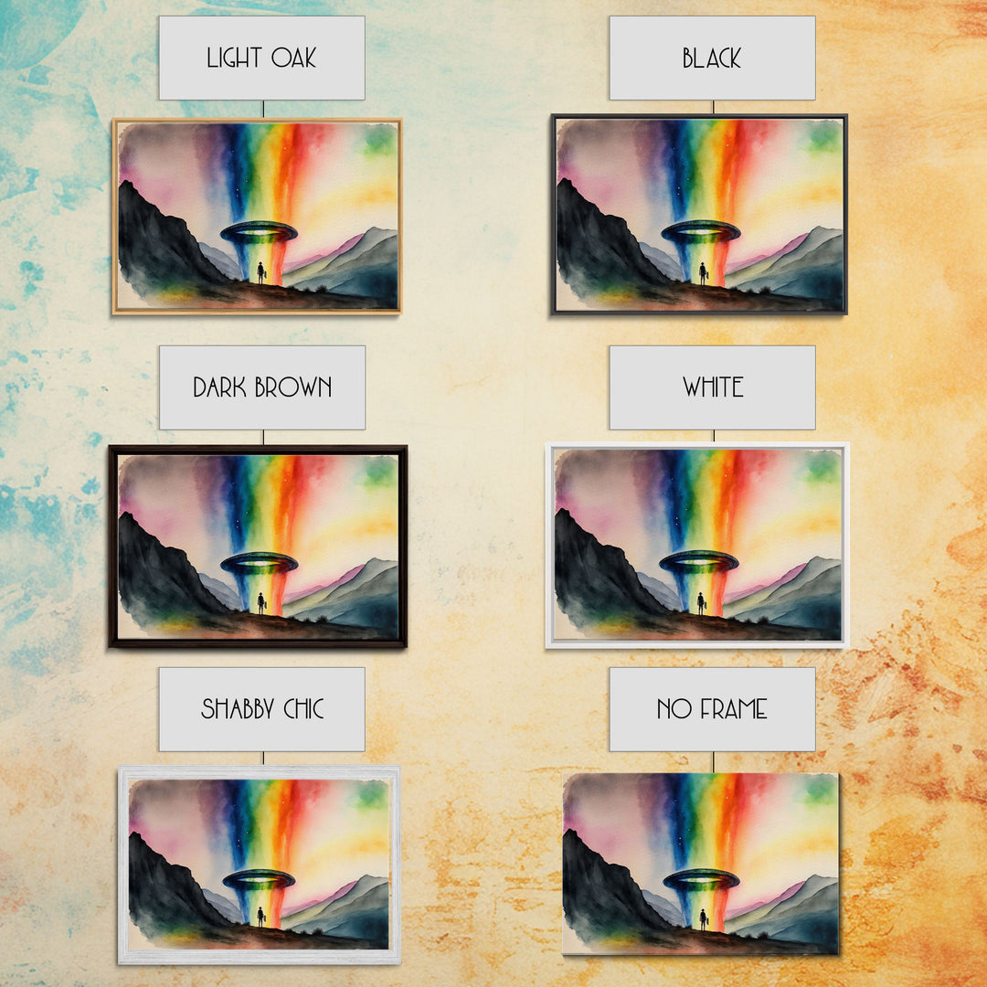 The Abduction, Rainbow UFO Art, Watercolor, Framed Canvas Print, Science Fiction Wall Decor