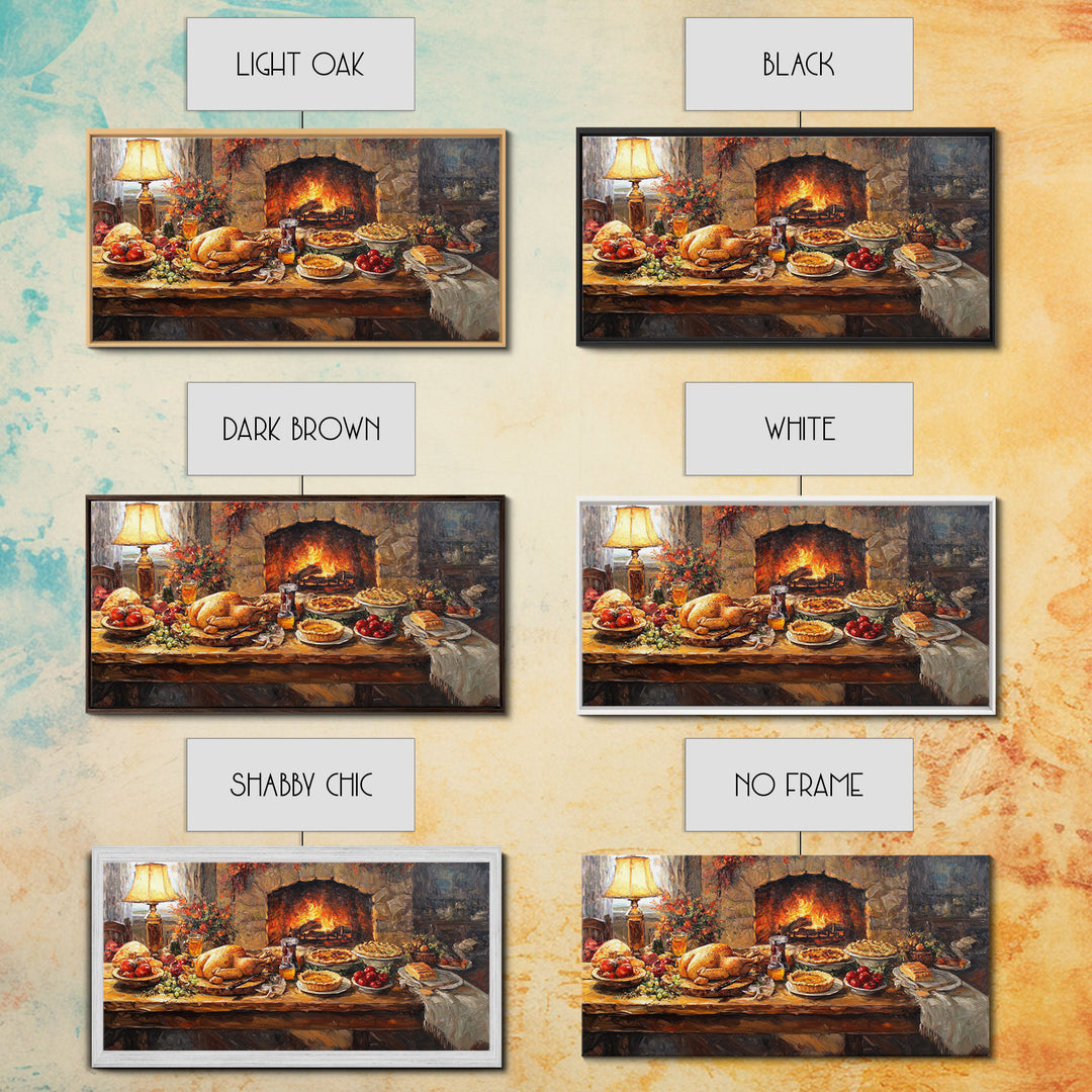 Cozy Thanksgiving Feast by Fireplace Framed Canvas Print Seasonal Wall Art, Rustic Fall Decor, Harvest Celebration Art Print for Home