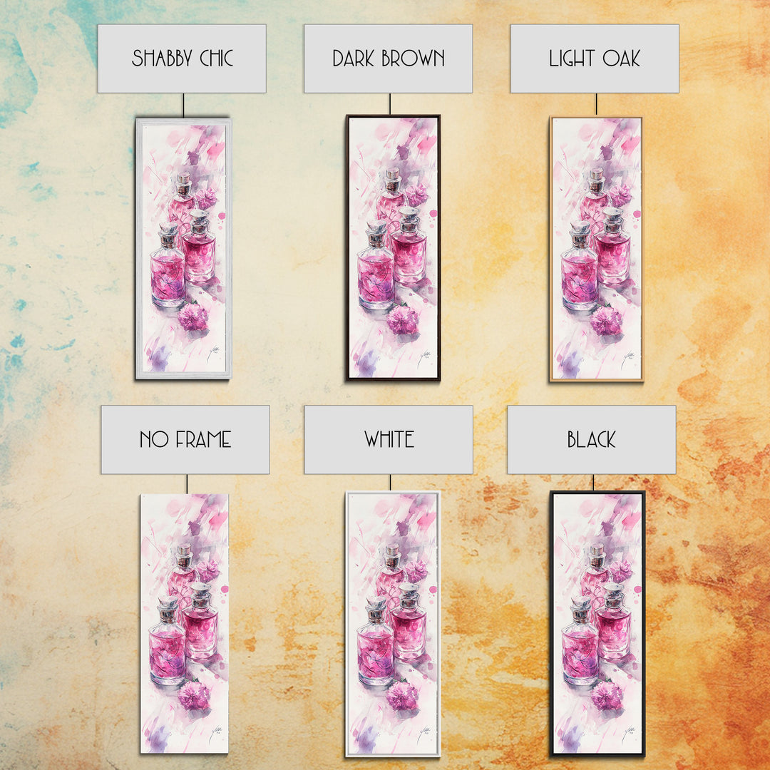 Perfume Bottles Canvas Print - Elegant Pink Abstract Art, Feminine Glass Bottles Artwork, Gift Idea for Her, Bedroom Wall Decor