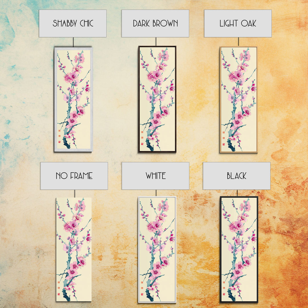Plum Blossom Branch in Japanese Skinny Art with Delicate Pink Flowers – Framed Canvas Print