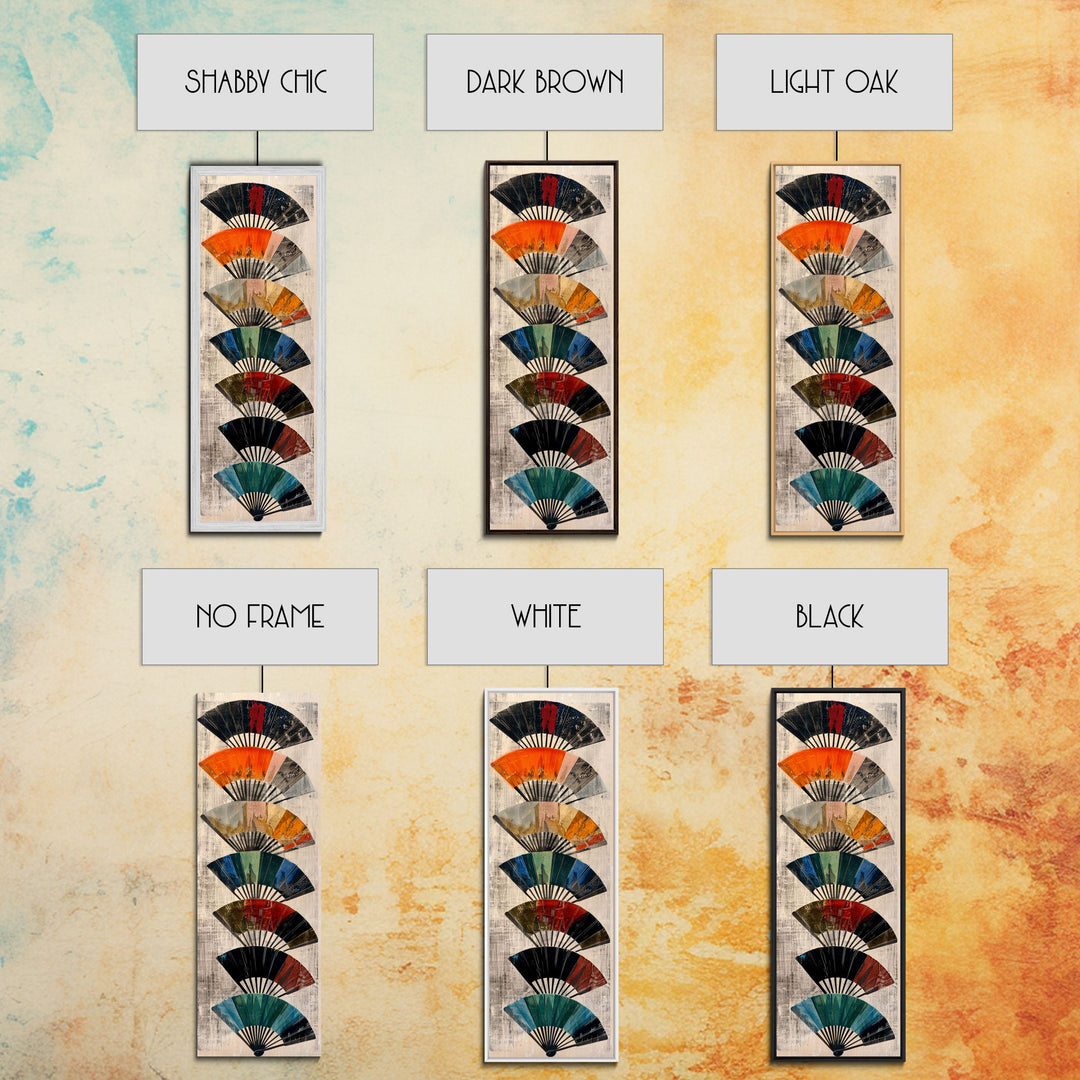 Seven Japanese Fans In Various Colors Arranged Vertically On A Textured Background, Skinny Art Tall Wall Art Framed Canvas Print Japanese Style Art
