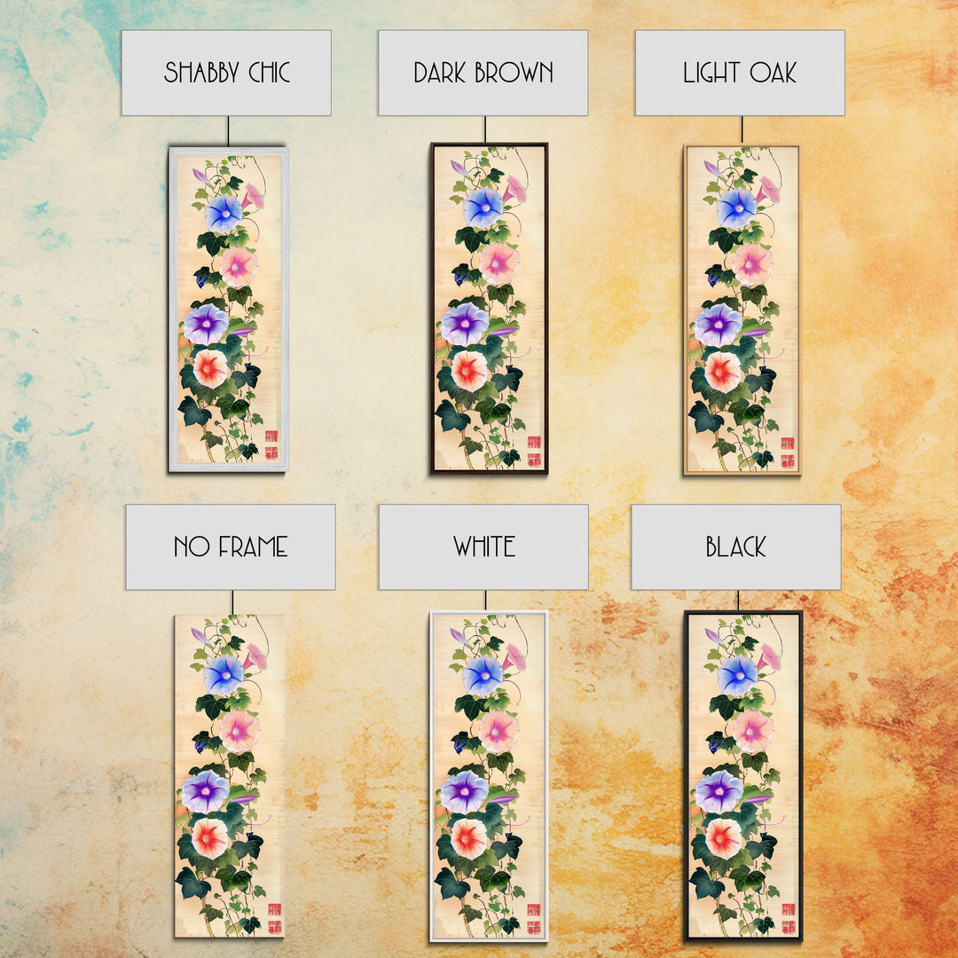 Morning Glories On Wooden Background Ukiyo-e Wall Art Framed Canvas Print Japanese Style Skinny Art Wood Block Print Tall Art