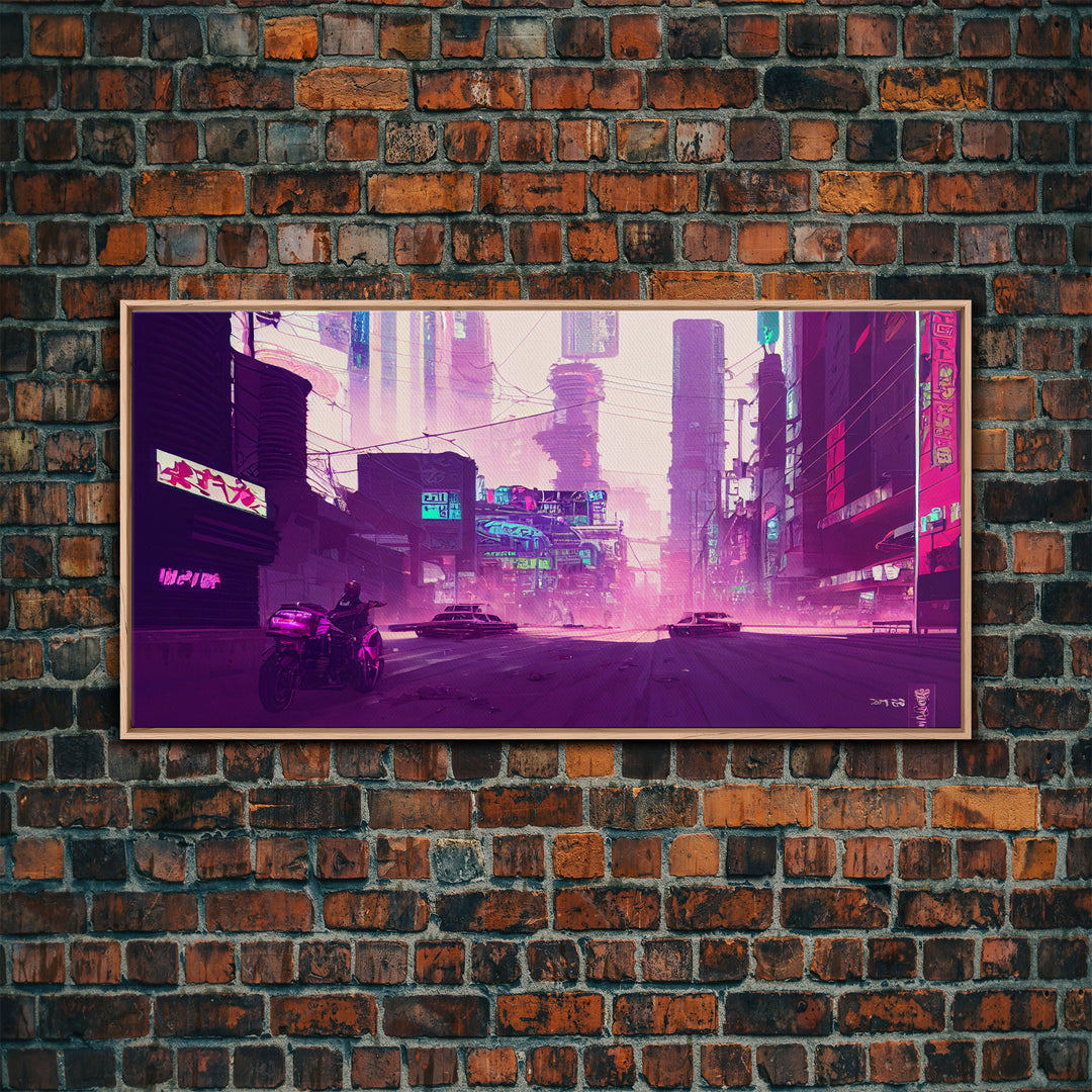 Cyberpunk Watercolor Tokyo Painting, Outrun Vibes Art, Wall Decor, Ready To Hang Framed Canvas Print, Oversize Wall Art