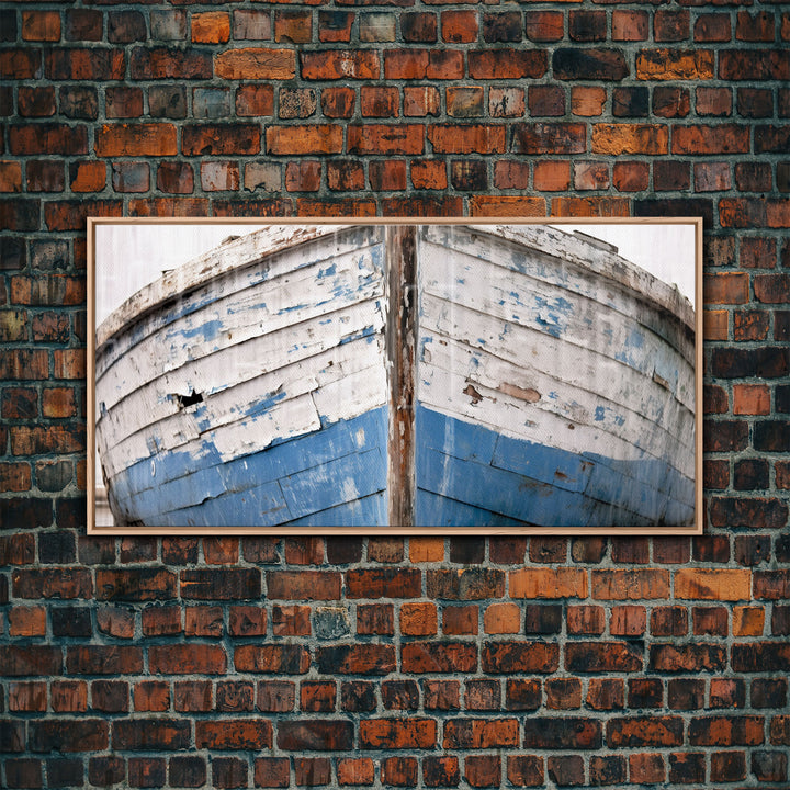 Photo Of An Old Wooden Boat With Peeling Paint, Framed Canvas Print, Nautical Wall Art, Lakehouse Decor