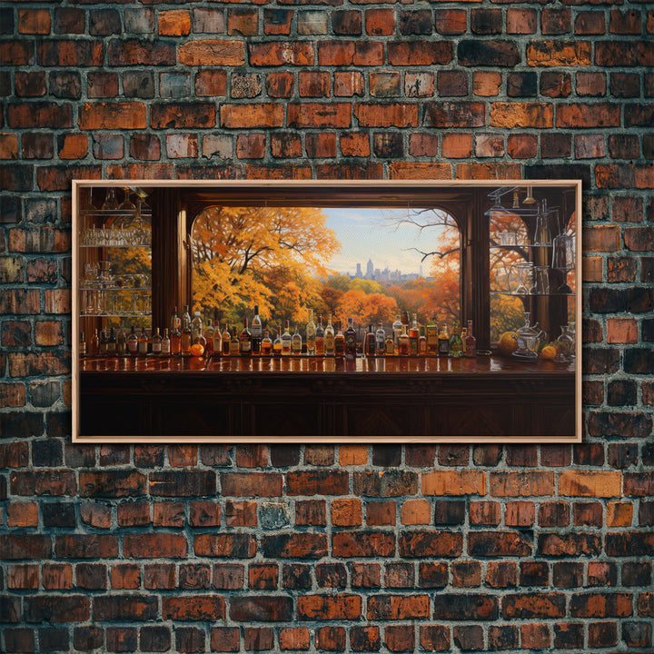 Fall Bar Decor Framed Canvas Print, Oil Painting Of A Vintage Tavern In The Fall, Fall Centerpiece, Fall Decor, Fall Leaves, Bar Cart Art