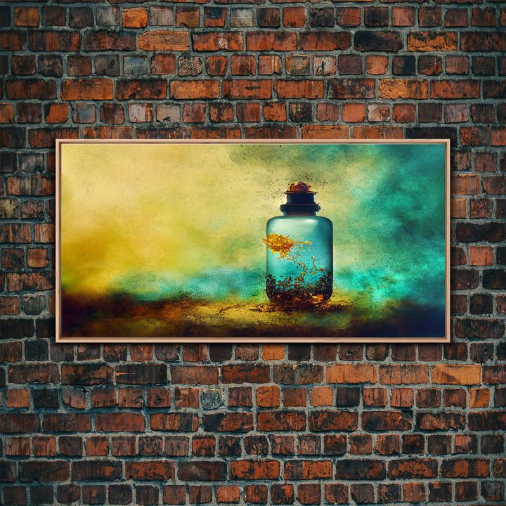 Mini world in a bottle, colorful miniature world art, framed canvas print, ready to hang framed wall art