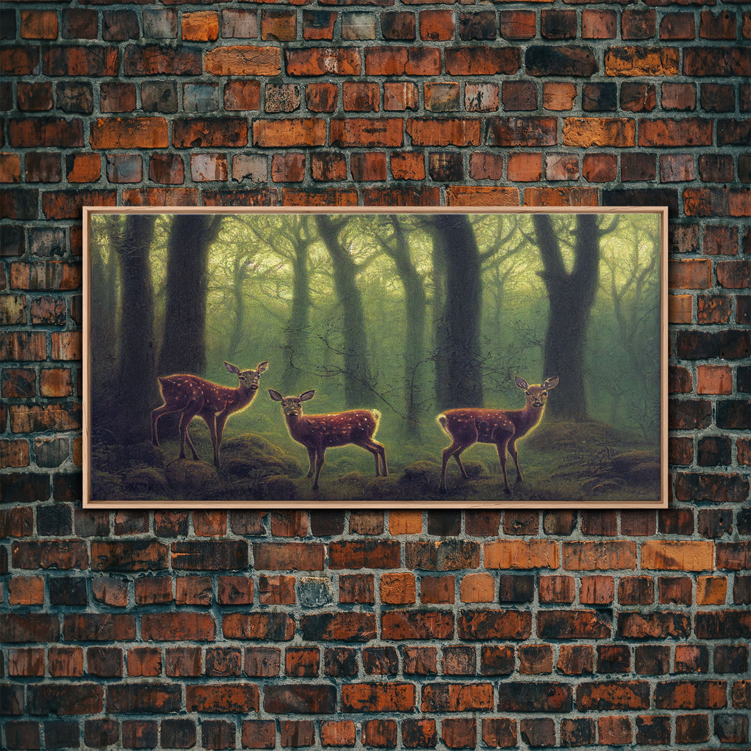Does in a majestic forest, whitetail deer art, framed canvas print, ready to hang framed wall art