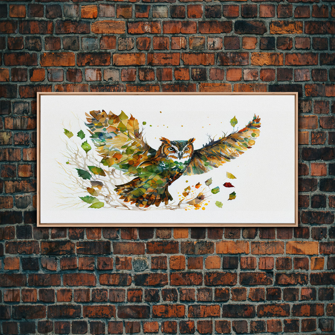 Owl wall art, framed canvas print, owl decor, nature art, owl print, owl painting, owl made of leaves double exposure art