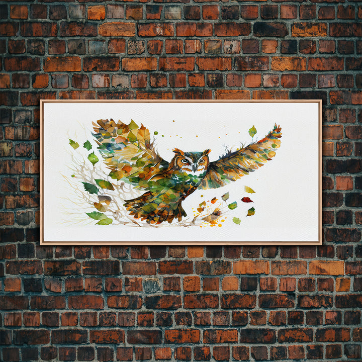 Owl wall art, framed canvas print, owl decor, nature art, owl print, owl painting, owl made of leaves double exposure art