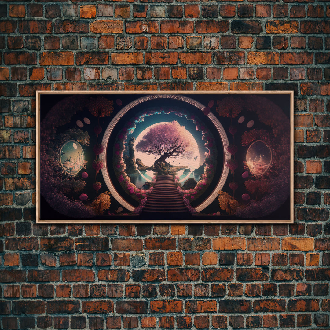 Stairway to a magical forest, fantasy concept art, framed canvas print, colorful wall decor, portal to another world