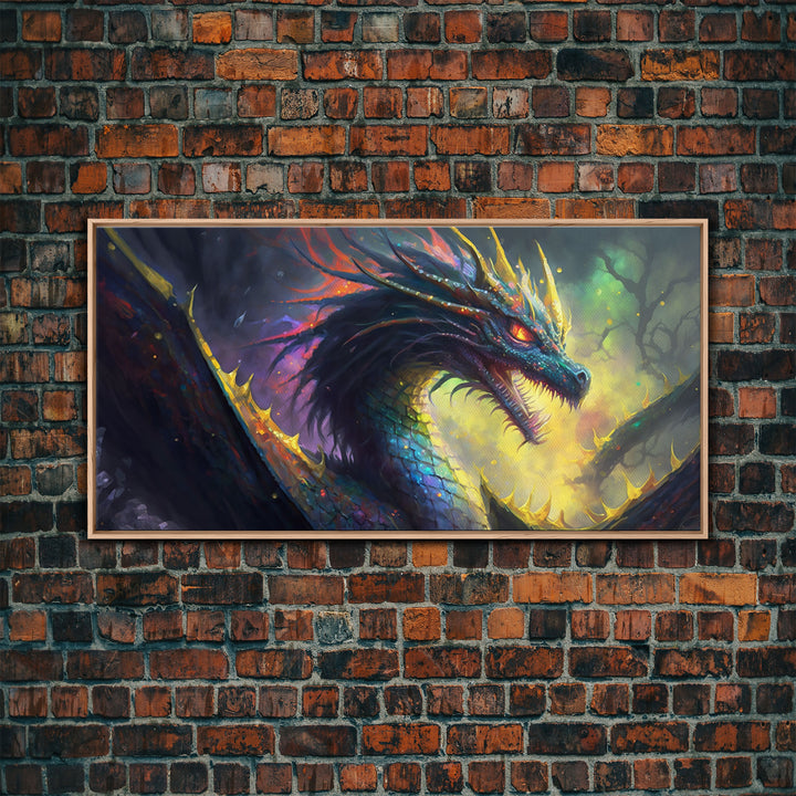 Psychedelic Fire Breathing Horned Dragon, Framed Canvas Print, Colorful Fantasy Wall Art, Videogame Concept Decor