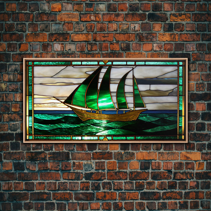 Emerald Green and Gold Art Deco Sail Boat, Framed Canvas Print, Retro MCM Style Wall Art, Midcentury Modern, Vintage Style, Stained Glass