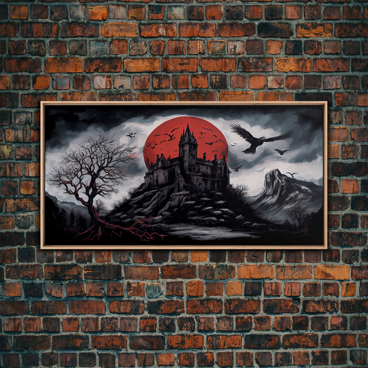 Horror Art, Haunted Castle and Blood Moon, Framed Canvas Print, Goth Art, Gothic Decor, Cool Wall Art