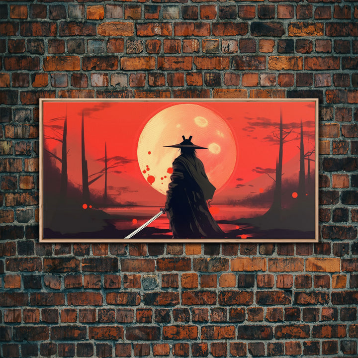 Mysterious Samurai and Blood Moon Print on Canvas, Framed Canvas Print, Modern Wall Art, Canvas Wall Set , Extra Large Wall Art, Warrior Art