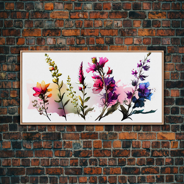 Colorful Wild Flowers On White Background, Framed Canvas Print, Watercolor Wall Art, Wall Decor, Floral Art, Pink Flowers, Mother's Day