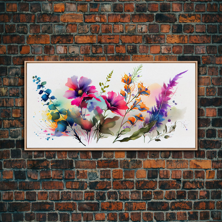 Pink Wild Flowers Wall Art, Framed Canvas Print, Mother's Day, Gift For Mom, Farmhouse Decor, Rustic Watercolor Painting White Background