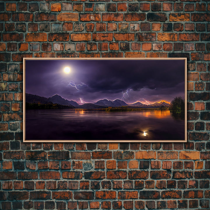 Full moon canvas print, Lightning storm over a mountain lake at night, cool wall art, awesome wall art