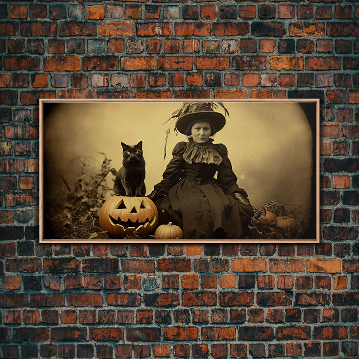 Spooky Halloween Art, Tin Type Photo Of A Witch and Her Black Cat, Witchy Decor, Canvas Print, Witch Girl, Dark Academia, Gothic Victorian