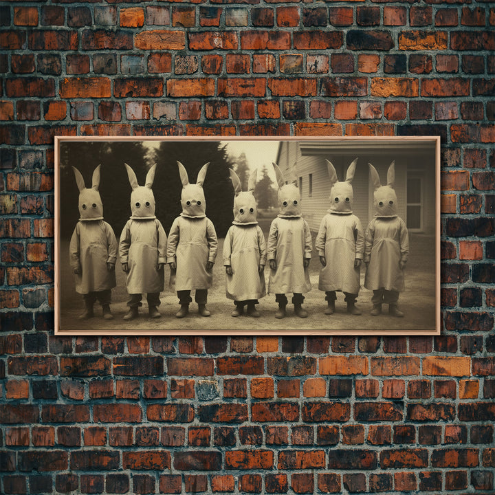 Cult Of The Bunny, Creepy Halloween Trick Or Treaters, Framed Canvas Print, Vintage Tintype Photography Art, Halloween Art Print