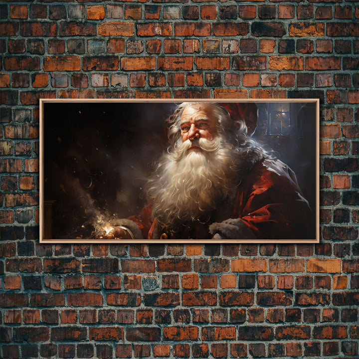 Santa Claus Burning The Midnight Oil - Framed Canvas Print - Christmas Santa Art - Xmas Decor Poster - Vintage Xmas Holiday Art Print