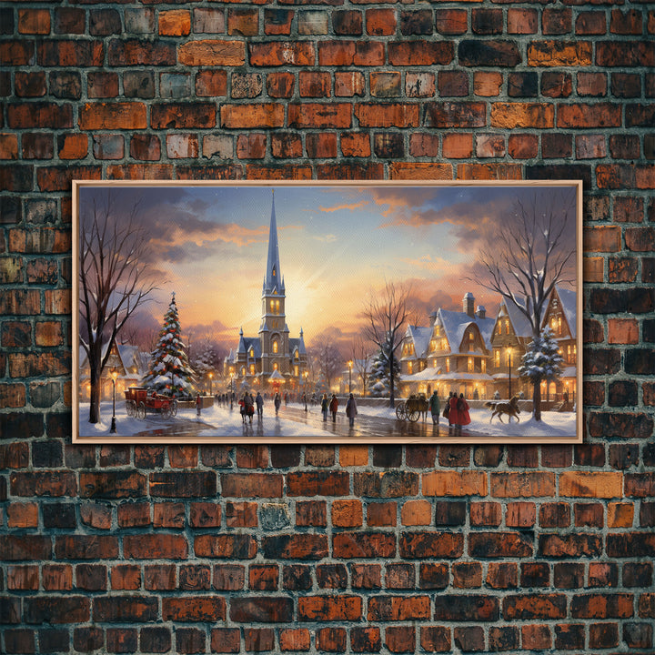 Christmas Centerpiece Wall Art - Framed Canvas Print - Winter Wonderland Victorian Village Decorated for Christmas Canvas Wall Art - Vintage