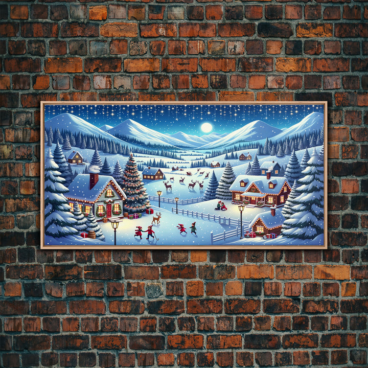 Cute Christmas Village Centerpiece Wall Art - Framed Canvas Print - Winter Wonderland Decorated for Christmas Canvas Wall Art - Vintage Xmas