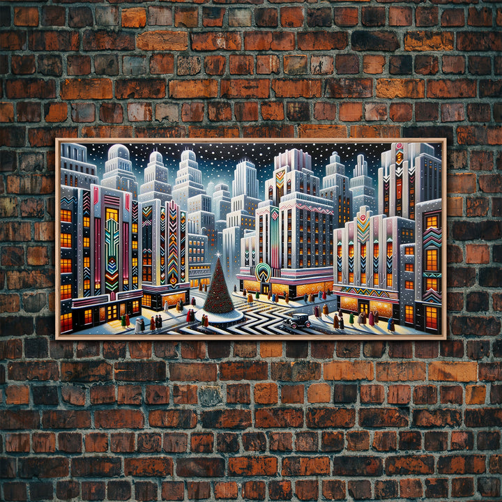 Vintage Style Art Deco Christmas Village | Framed Canvas Print | Winter Centerpiece | Retro Christmas Art | Vintage Christmas Decor