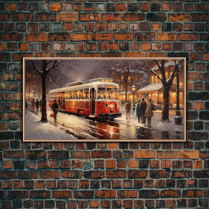 Retro Red Trolley Car Decorated For Christmas, Framed Canvas Print, Christmas Wall Art, Christmas Decor Mom Christmas Gift Christmas Village