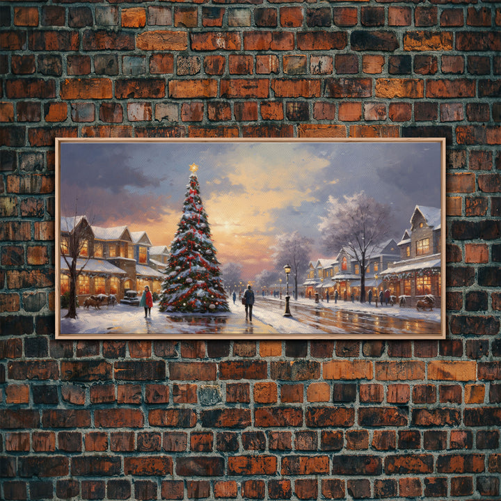 Cute Christmas Decor, Christmas Wall Art, Vintage Winter Wonderland Christmas Village Oil Painting Canvas Print, Framed Wall Art