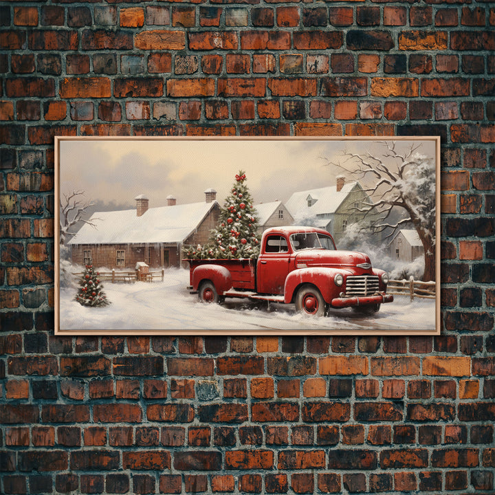 Vintage 1950s Red Truck Delivering Christmas Trees In The Snow - Framed Canvas Print - Farmhouse Christmas Decor - Retro Christmas