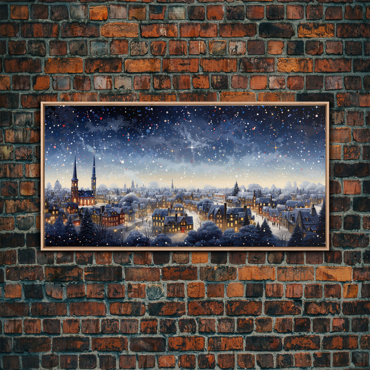 Snowfall Over A Victorian Village - Winter Decor - Christmas Wall Art - Framed Canvas Print - Winter Art Print - Winter Landscape