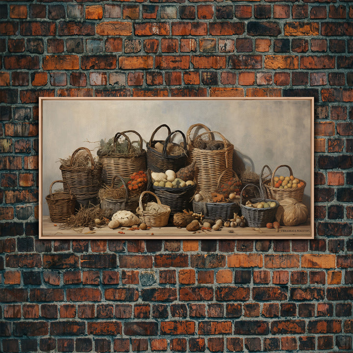 Cornucopia Wall Art, Basket Wall Decor Framed Canvas Print, Boho Wall Art, Wicker Round Bowl Art, Wicker Wall Art Print, Fall Decor