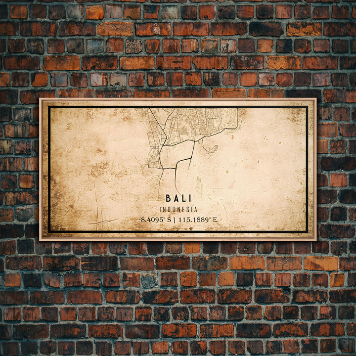 Vintage Bali Indonesia City Map Wall Art Canvas Print, Distressed Style Bali Map, Framed Wall Art, Cool Bali Travel Wall Art, Office Art