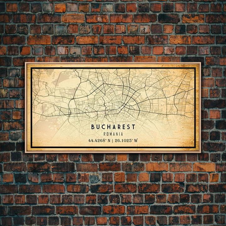 Panoramic Vintage Style Bucharest City Map Wall Art Canvas Print, Distressed Bucharest Map, Framed Art, Cool Travel Wall Art, Office Art