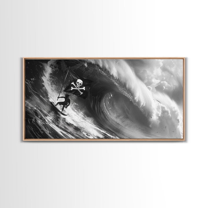 Pirate Surf - Framed Canvas Print - Black & White Photography Style Wall Art - Skull and Cross Bones Wall Art - Manly Decor - Mancave