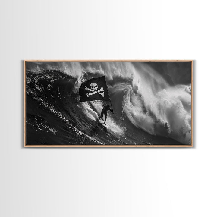 Surfer Waving A Skull and Crossbones Flag While Surfing - Framed Canvas Print - Cool Modern Art - Office / Mancave Decor Gift For Him