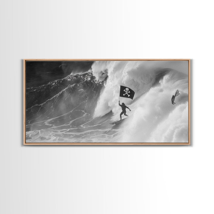 Surfer Waving A Skull and Crossbones Flag While Surfing - Framed Canvas Print - Cool Modern Art - Office / Mancave Decor Gift For Him