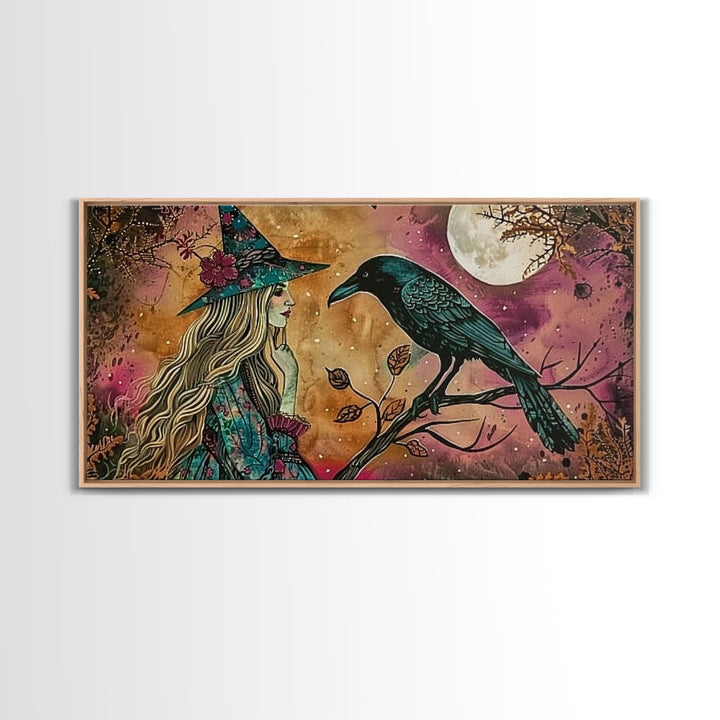 Cottagecore Witch & Raven, Springtime Witch, Halloween Art, Framed Canvas Print, Halloween Accessories, Halloween Decor