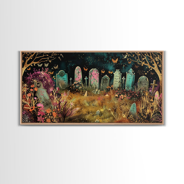 Colorful Haunted Grave Yard In The Spring Time, Framed Canvas Print, Spooky Wall Art, Halloween Spooky Season Decor