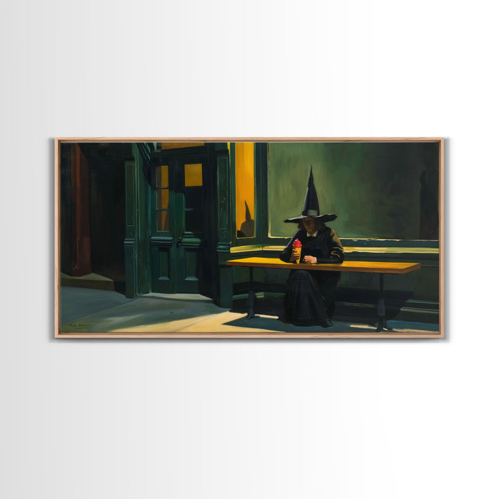 Sad Witch Having an Ice Cream Cone, Funny Halloween Art, Framed Canvas Print, Liminal Art
